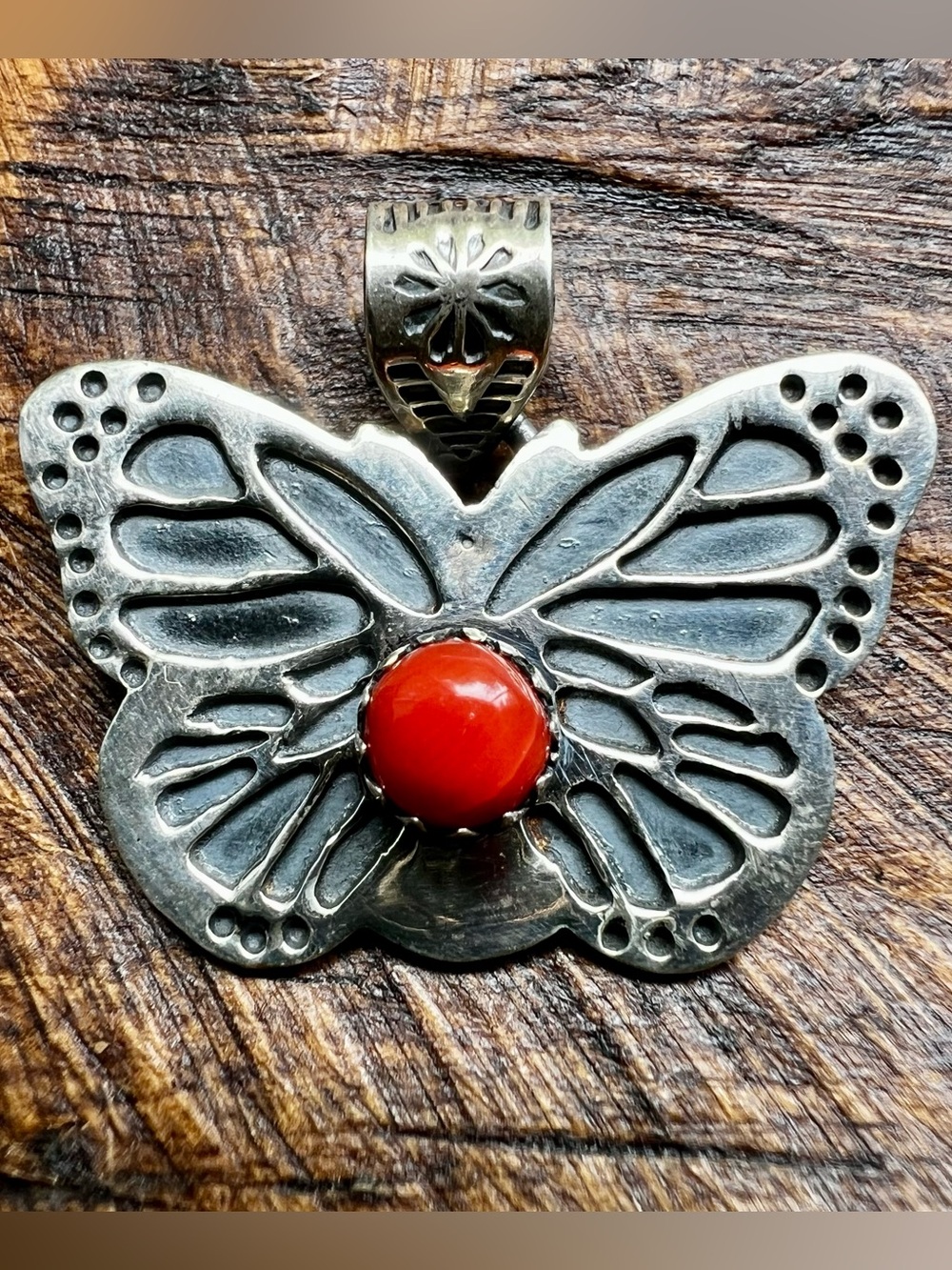 925 Sterling Silver Red Coral Butterfly Pendant Southwestern